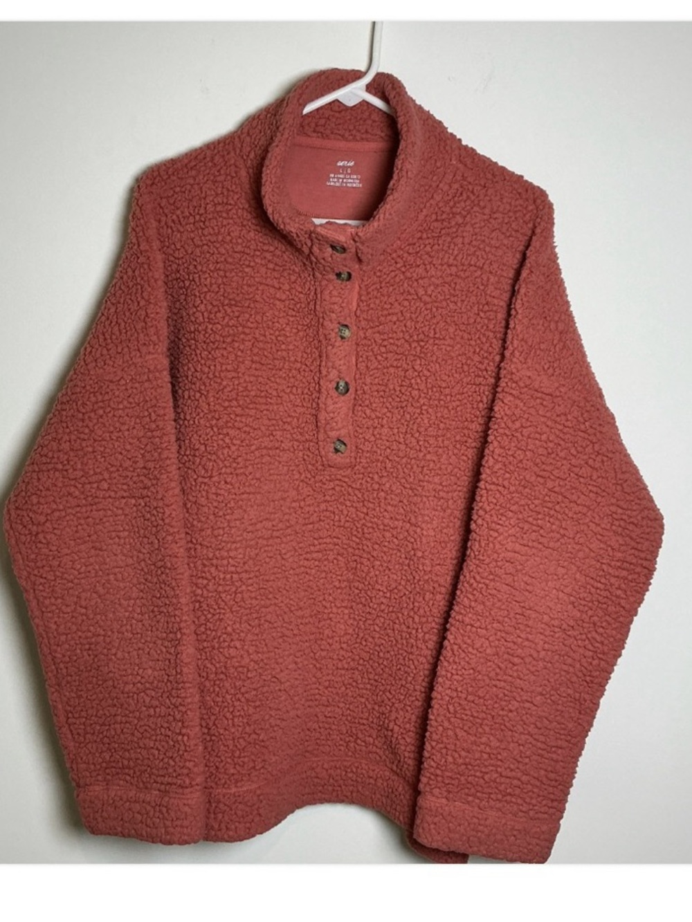 Aerie Cloud Sherpa Oversized Pullover Sweatshirt Large Coral Button Pockets